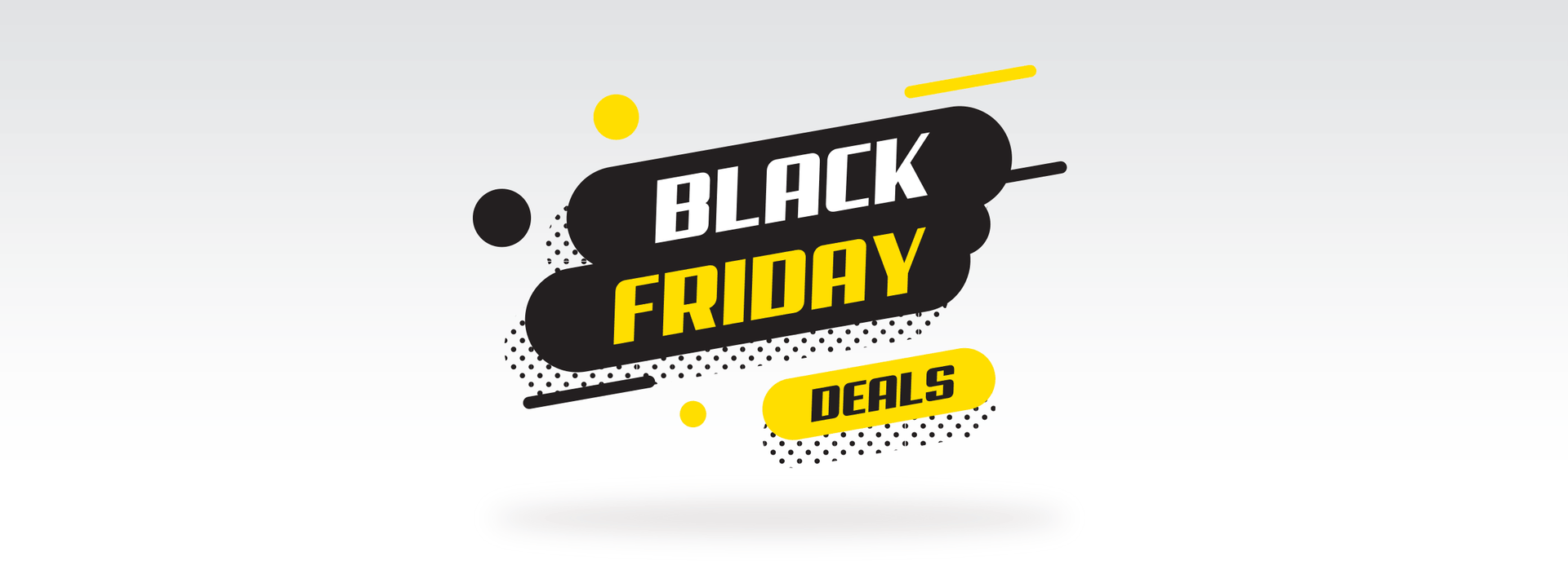 Black Friday deals banner with black and yellow text on a white background