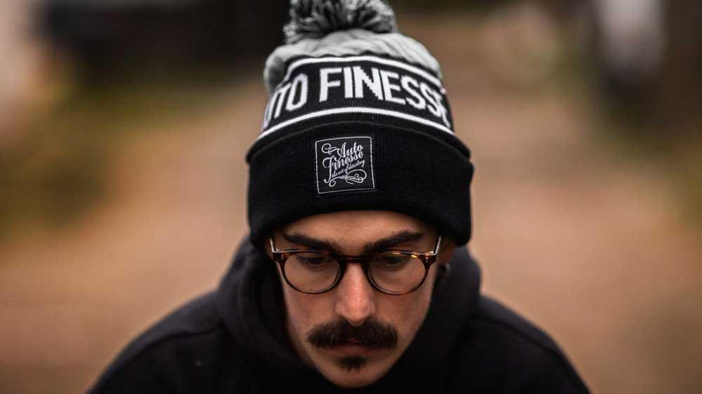 Front Side of the Grey Bobble Knitted Beanie 